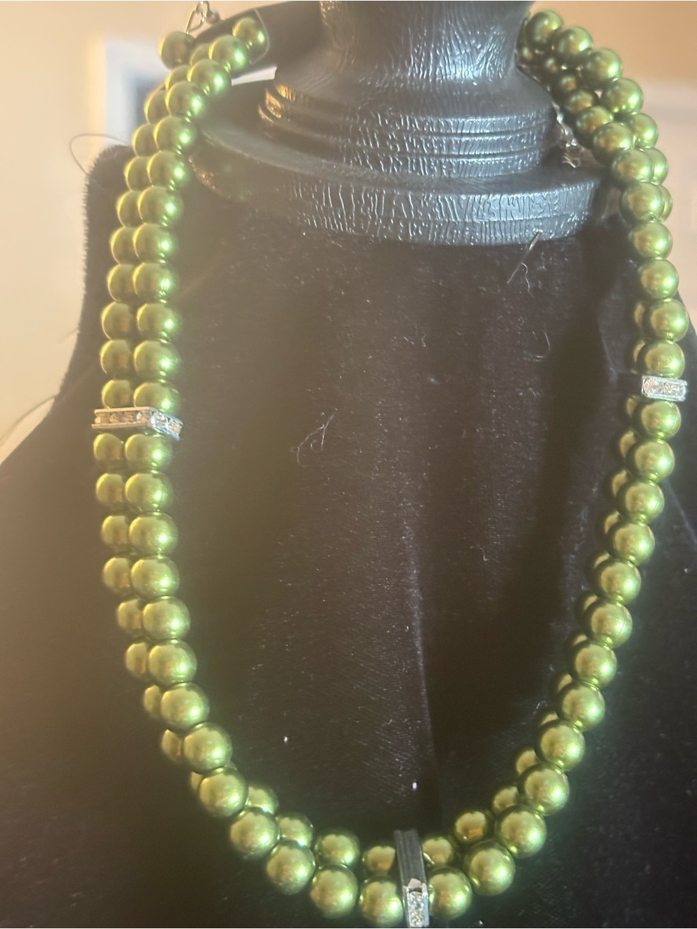 Olive Green Pearl Bead Necklace with Silver Accents